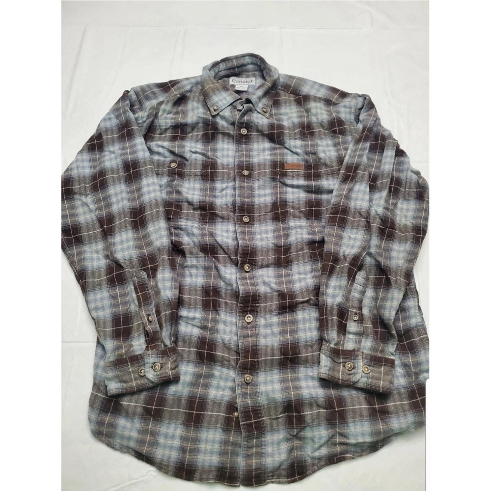 Carhartt Shirt Mens Medium Brown Blue Plaid Flannel Button Down Long Sleeve Work